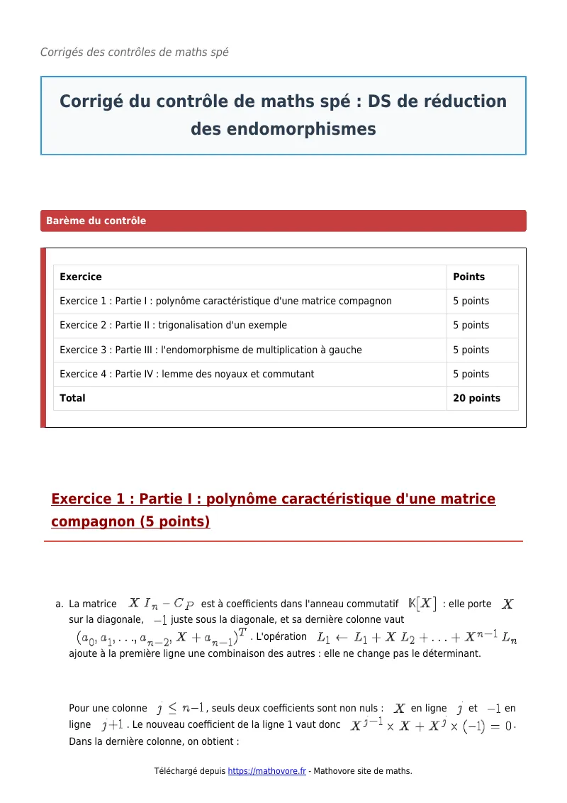 Contrôle de maths en maths spé : DS de réduction des endomorphismes à télécharger corrigé en PDF