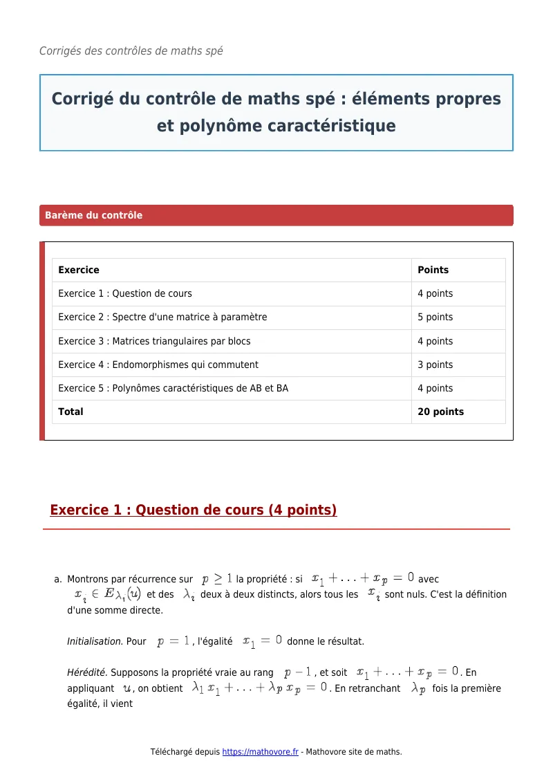 Contrôle de maths en maths spé : Éléments propres et polynôme caractéristique corrigé en PDF