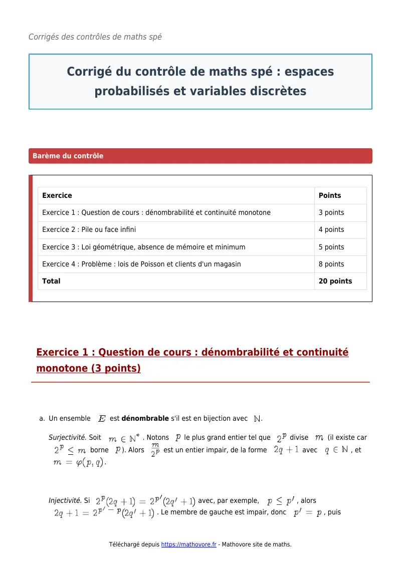 Contrôle de maths en maths spé : Espaces probabilisés et variables discrètes à télécharger corrigé en PDF