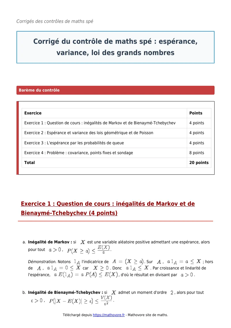 Contrôle de maths en maths spé : Espérance, variance, loi des grands nombres à télécharger corrigé en PDF