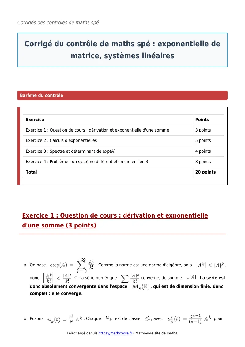 Contrôle de maths en maths spé : Exponentielle de matrice, systèmes linéaires à télécharger corrigé en PDF