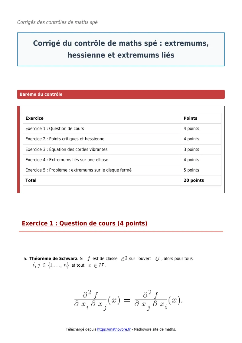 Contrôle de maths en maths spé : Extremums, hessienne et extremums liés corrigé en PDF
