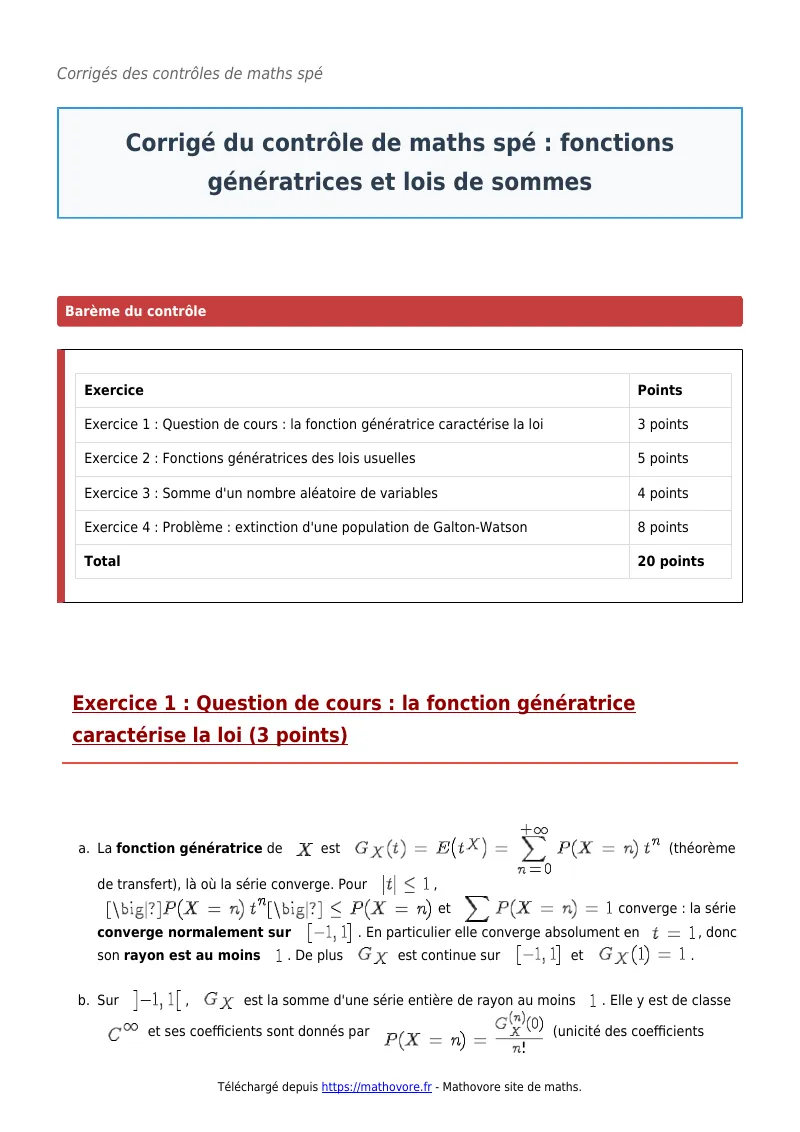 Contrôle de maths en maths spé : Fonctions génératrices et lois de sommes à télécharger corrigé en PDF