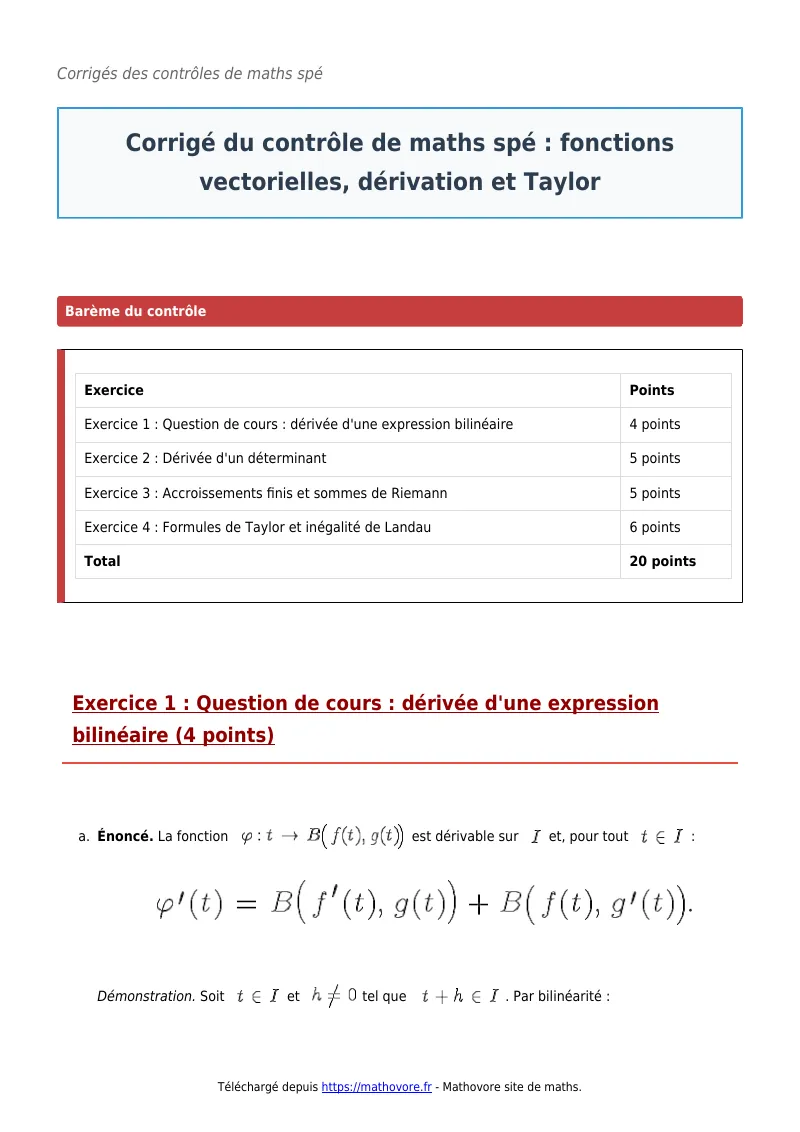 Contrôle de maths en maths spé : Fonctions vectorielles, dérivation et Taylor corrigé en PDF