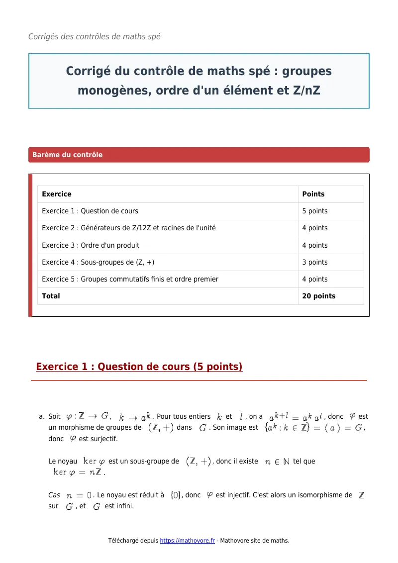 Contrôle de maths en maths spé : Groupes monogènes, ordre d’un élément et Z/nZ à télécharger corrigé en PDF