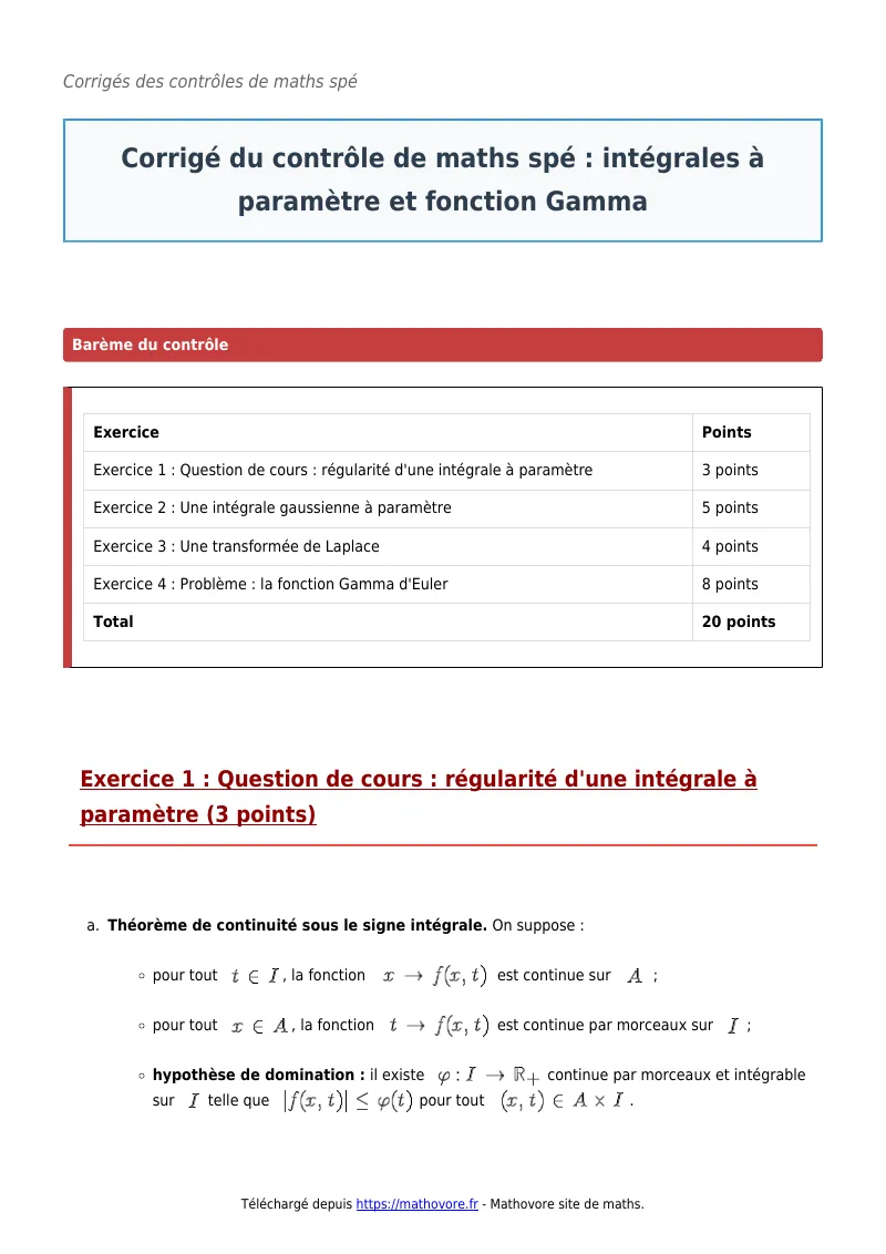 Contrôle de maths en maths spé : Intégrales à paramètre et fonction Gamma corrigé en PDF