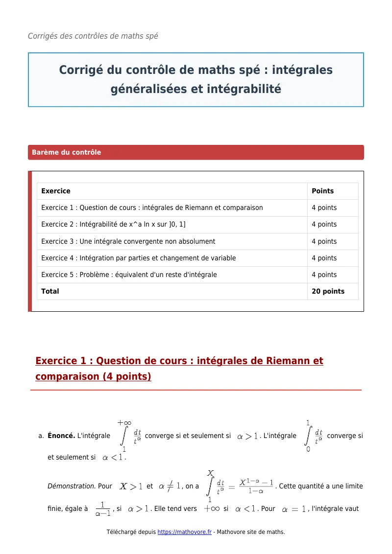 Contrôle de maths en maths spé : Intégrales généralisées et intégrabilité corrigé en PDF