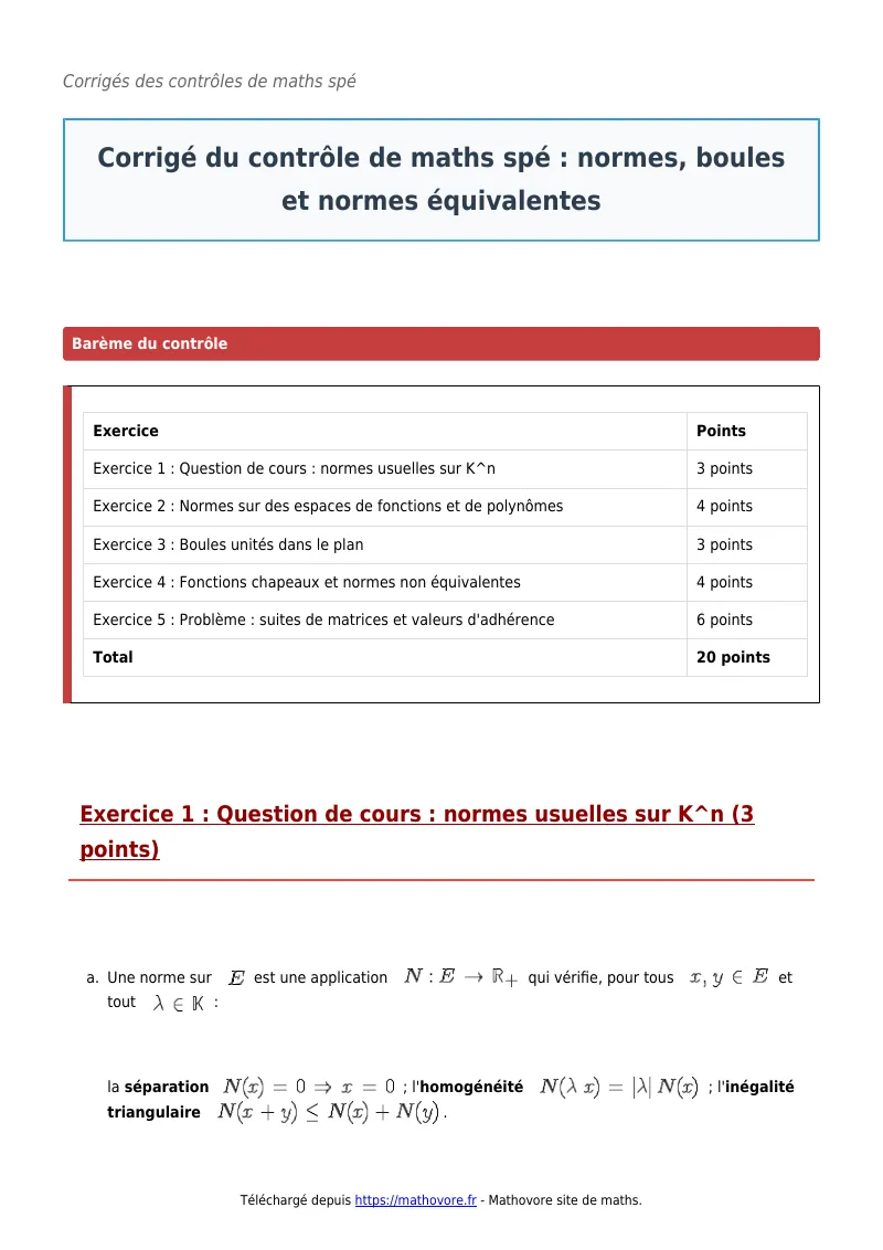 Contrôle de maths en maths spé : Normes, boules et normes équivalentes à télécharger corrigé en PDF