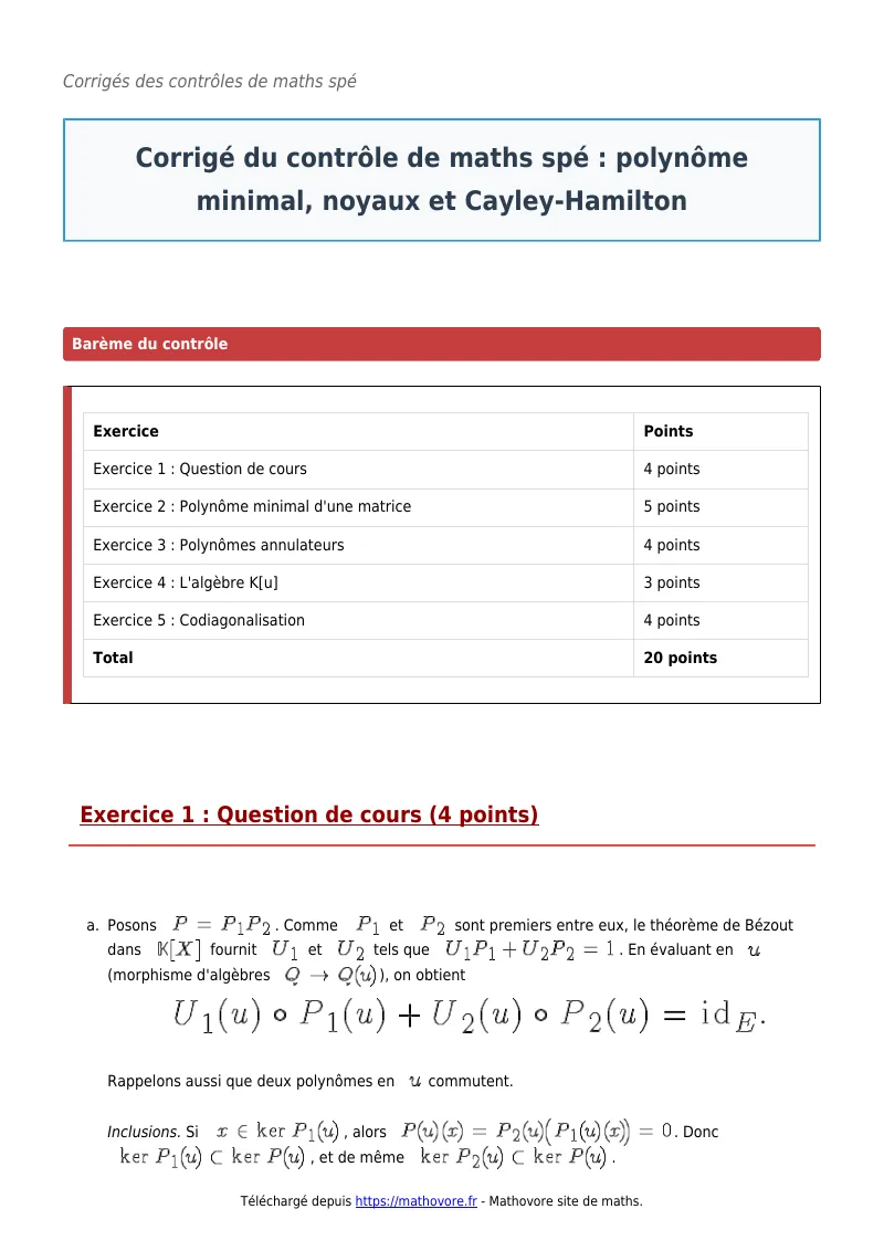 Contrôle de maths en maths spé : Polynôme minimal, noyaux et Cayley-Hamilton à télécharger corrigé en PDF