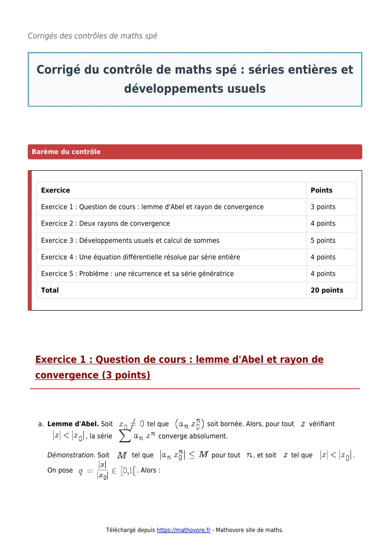Contrôle de maths en maths spé : Séries entières et développements usuels à télécharger corrigé en PDF