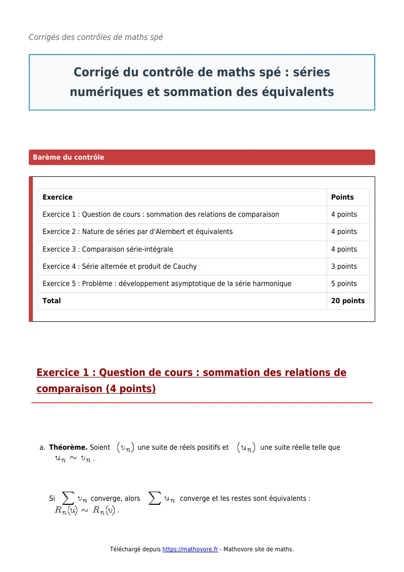 Contrôle de maths en maths spé : Séries numériques et sommation des équivalents à télécharger corrigé en PDF