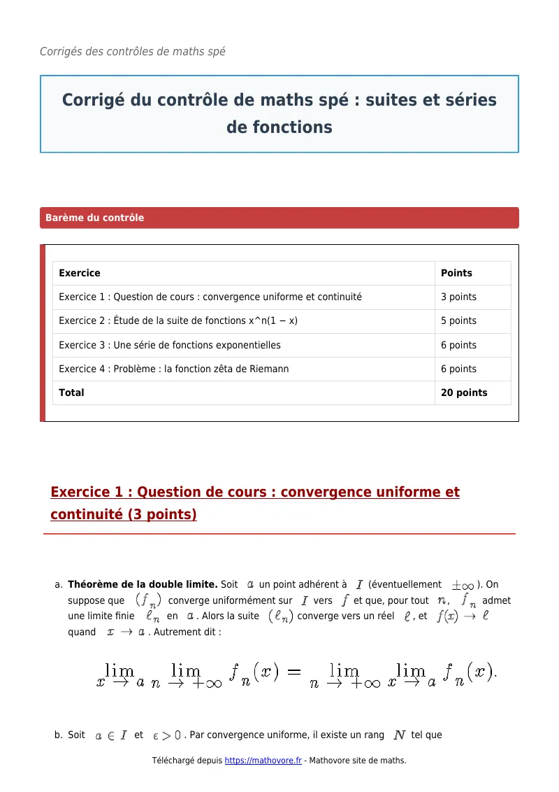 Contrôle de maths en maths spé : Suites et séries de fonctions à télécharger corrigé en PDF