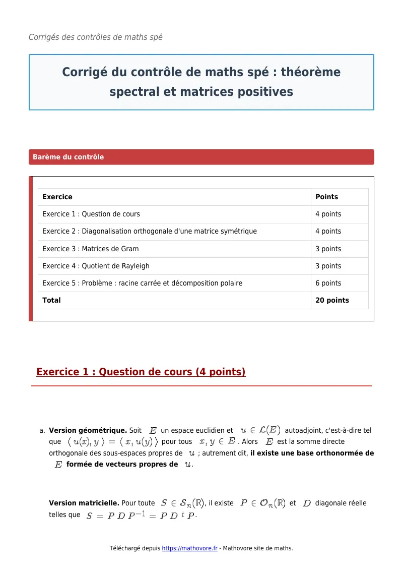 Contrôle de maths en maths spé : Théorème spectral et matrices positives à télécharger corrigé en PDF