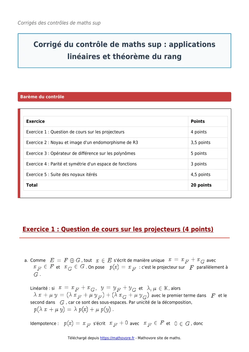 Contrôle de maths en maths sup : Applications linéaires et théorème du rang corrigé en PDF