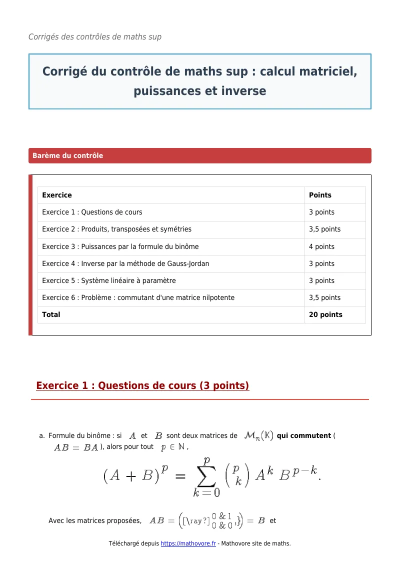 Contrôle de maths en maths sup : Calcul matriciel, puissances et inverse à télécharger corrigé en PDF