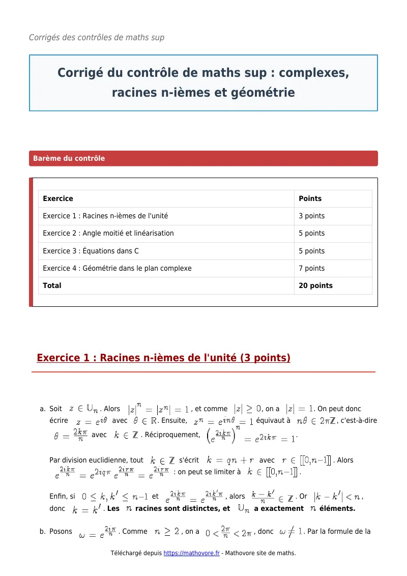 Contrôle de maths en maths sup : Complexes, racines n-ièmes et géométrie à télécharger corrigé en PDF