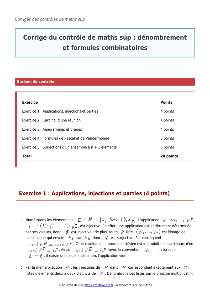Contrôle de maths en maths sup : Dénombrement et formules combinatoires corrigé en PDF