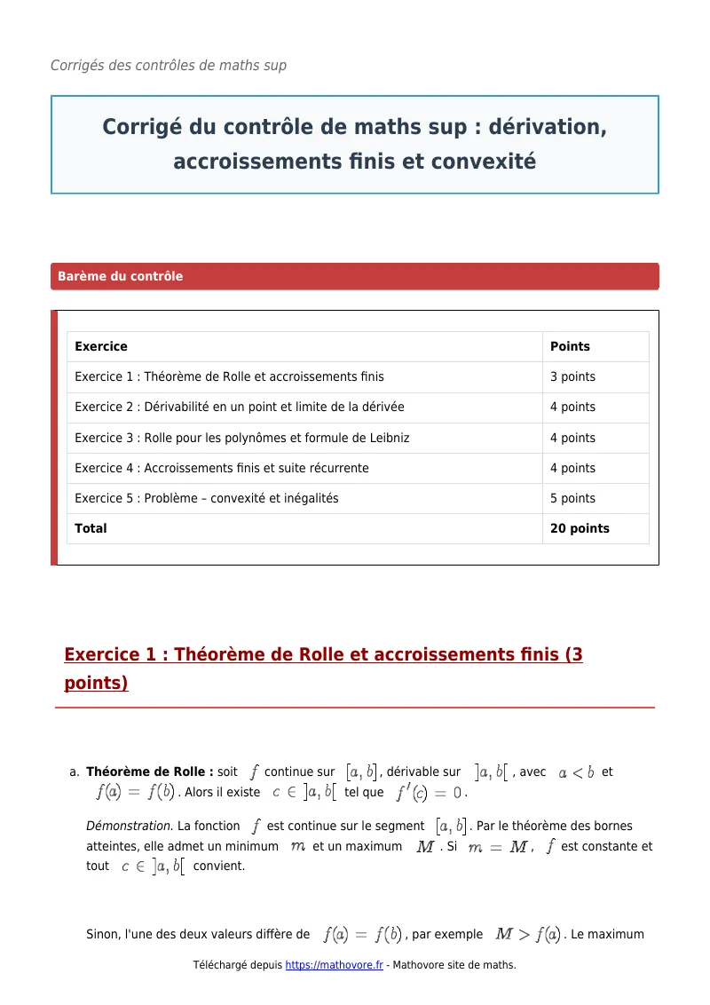 Contrôle de maths en maths sup : Dérivation, accroissements finis et convexité à télécharger corrigé en PDF