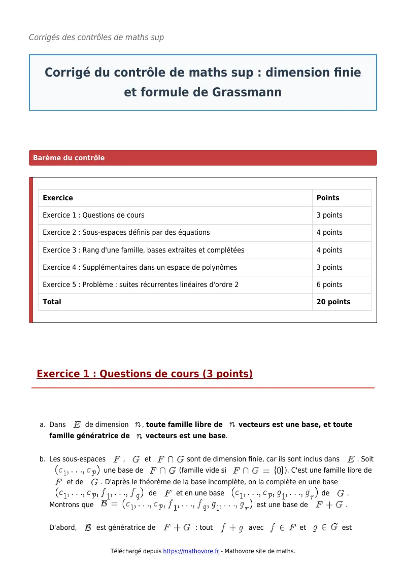 Contrôle de maths en maths sup : Dimension finie et formule de Grassmann corrigé en PDF