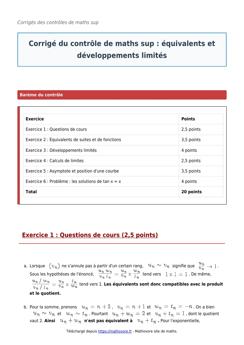 Contrôle de maths en maths sup : Équivalents et développements limités corrigé en PDF
