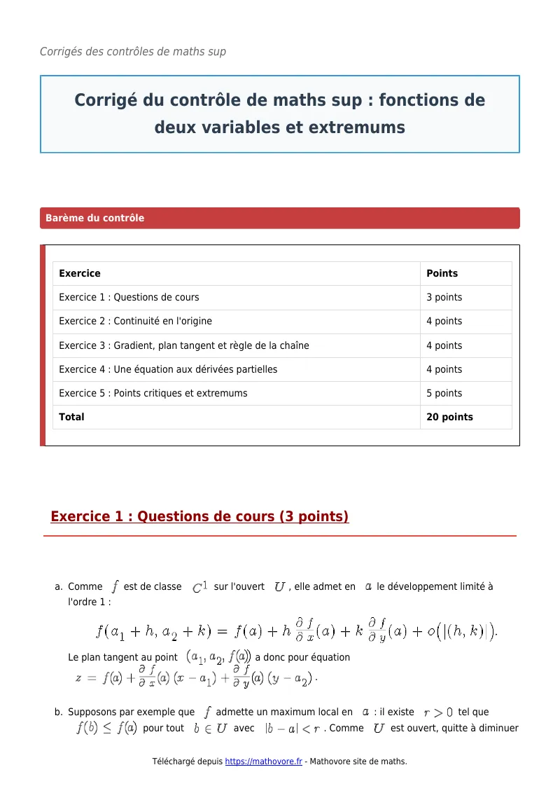 Contrôle de maths en maths sup : Fonctions de deux variables et extremums corrigé en PDF