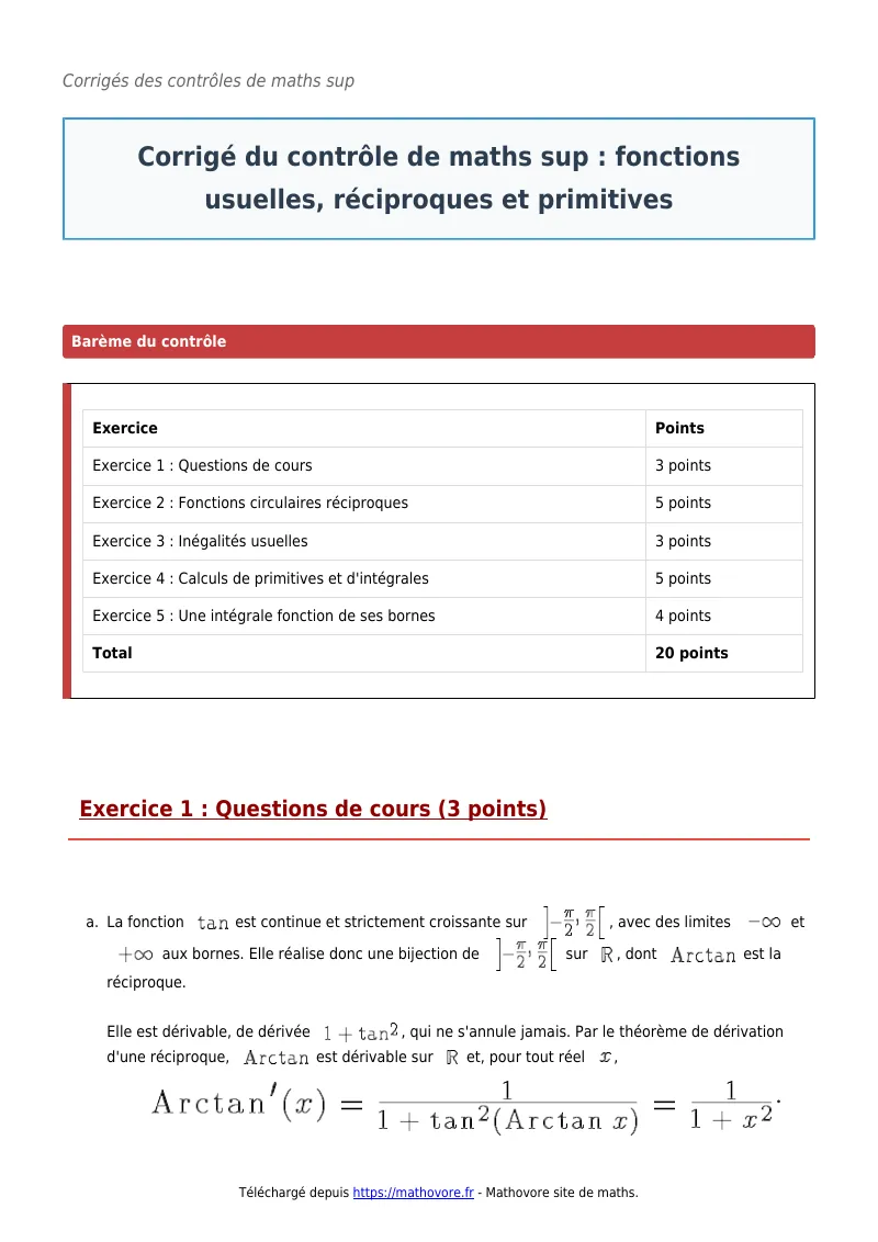 Contrôle de maths en maths sup : Fonctions usuelles, réciproques et primitives à télécharger corrigé en PDF