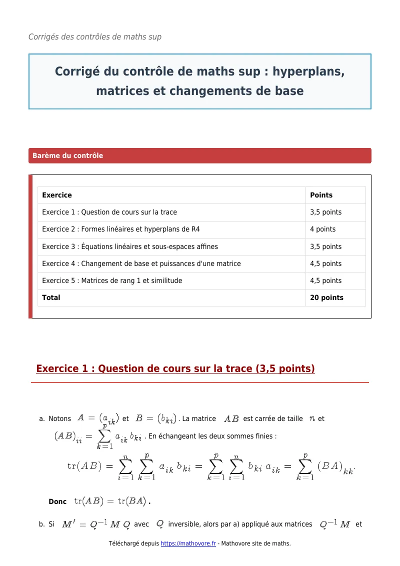 Contrôle de maths en maths sup : Hyperplans, matrices et changements de base corrigé en PDF