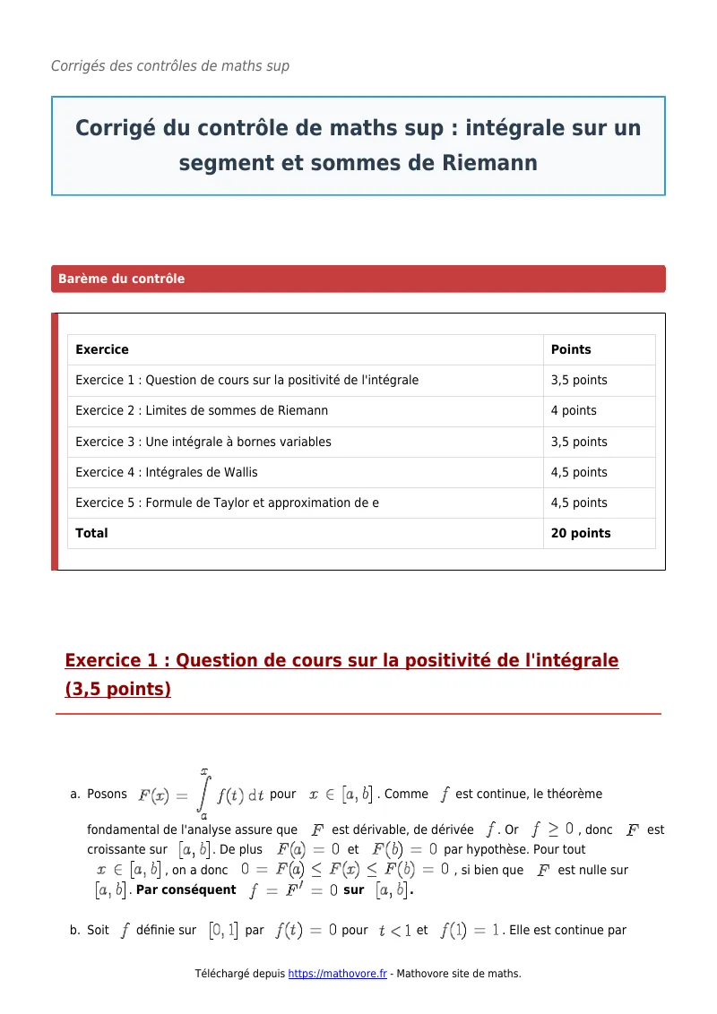 Contrôle de maths en maths sup : Intégrale sur un segment et sommes de Riemann corrigé en PDF