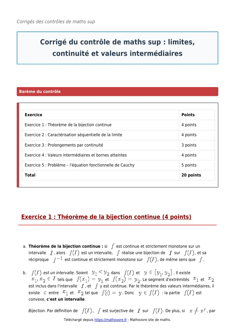 Contrôle de maths en maths sup : Limites, continuité et valeurs intermédiaires corrigé en PDF