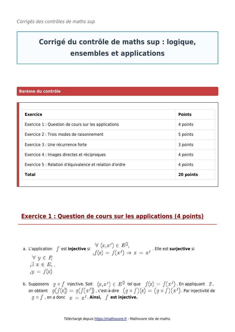 Contrôle de maths en maths sup : Logique, ensembles et applications à télécharger corrigé en PDF