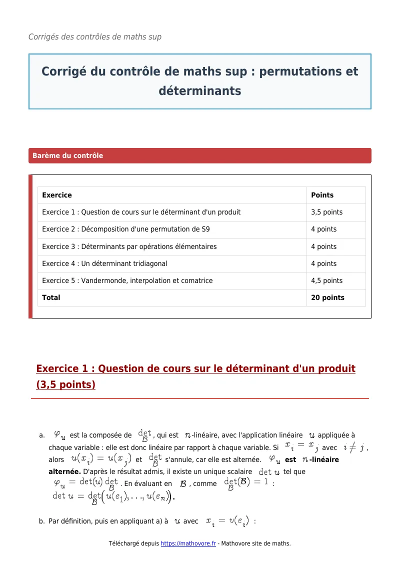 Contrôle de maths en maths sup : Permutations et déterminants corrigé en PDF