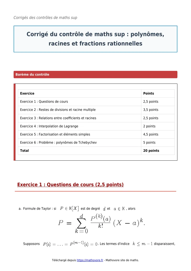 Contrôle de maths en maths sup : Polynômes, racines et fractions rationnelles à télécharger corrigé en PDF