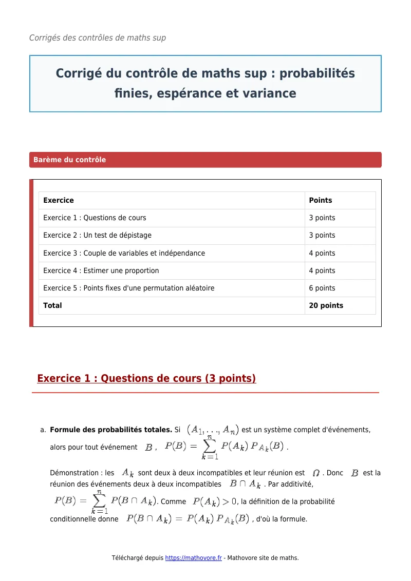 Contrôle de maths en maths sup : Probabilités finies, espérance et variance corrigé en PDF