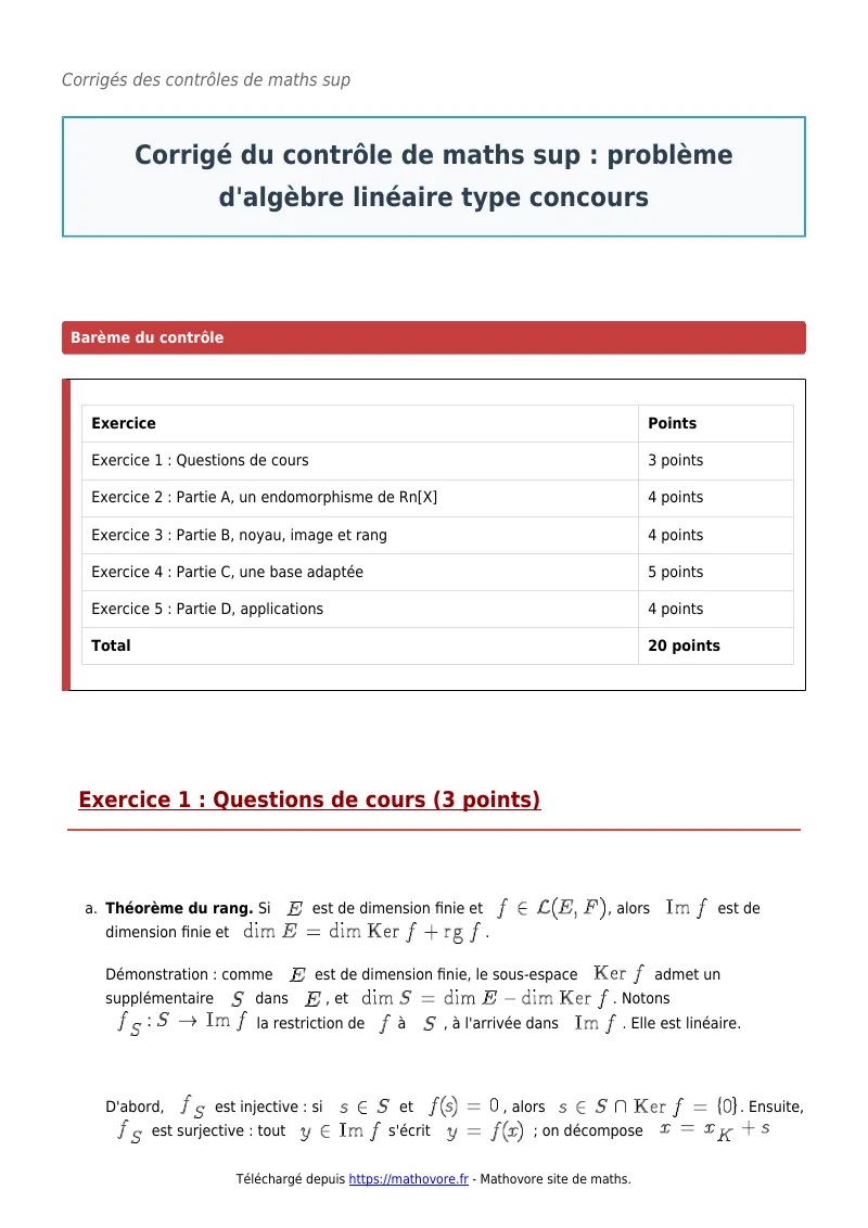 Contrôle de maths en maths sup : Problème d’algèbre linéaire type con corrigé en PDF
