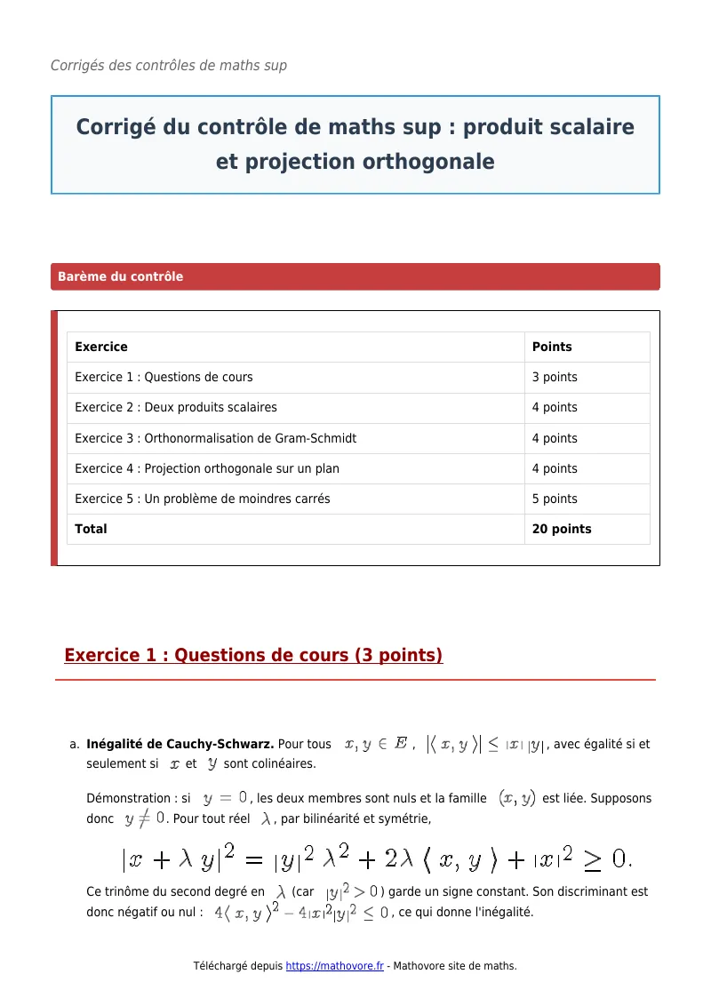 Contrôle de maths en maths sup : Produit scalaire et projection orthogonale corrigé en PDF
