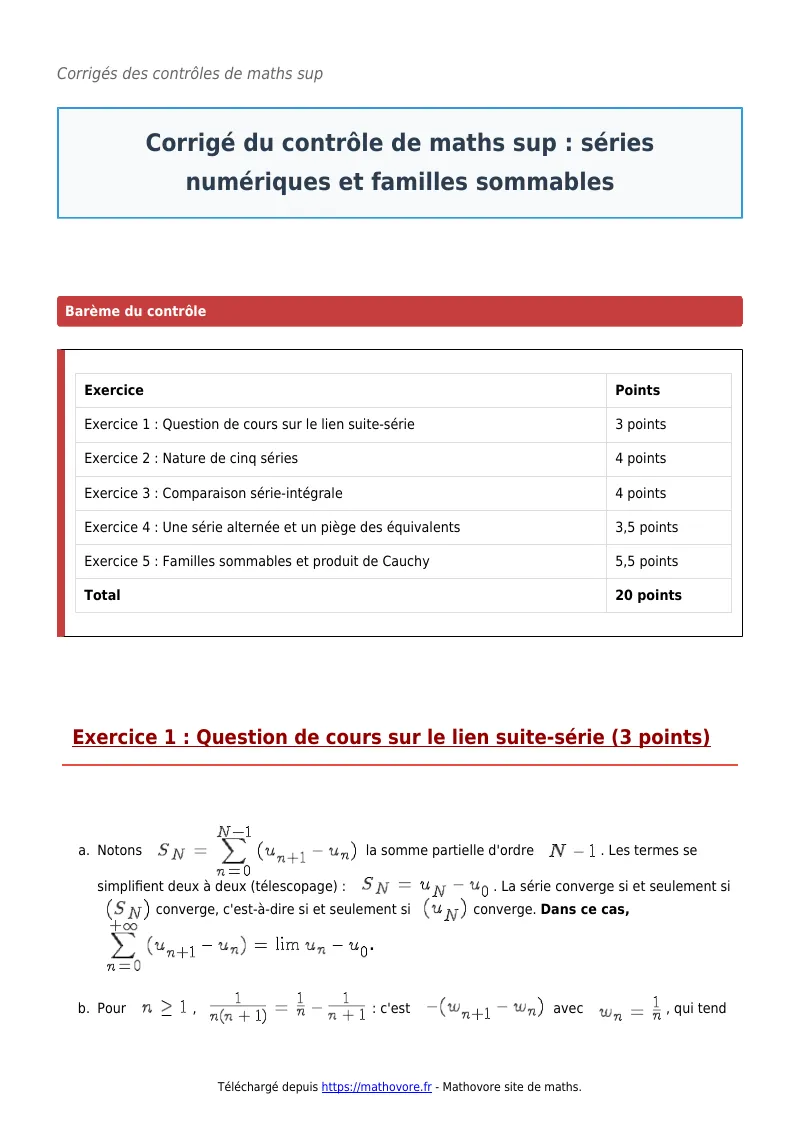 Contrôle de maths en maths sup : Séries numériques et familles sommables corrigé en PDF
