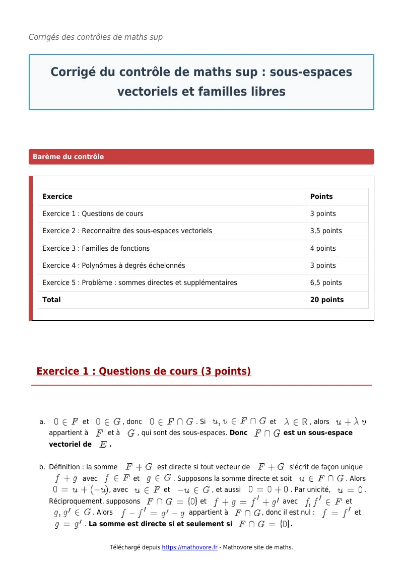 Contrôle de maths en maths sup : Sous-espaces vectoriels et familles libres à télécharger corrigé en PDF