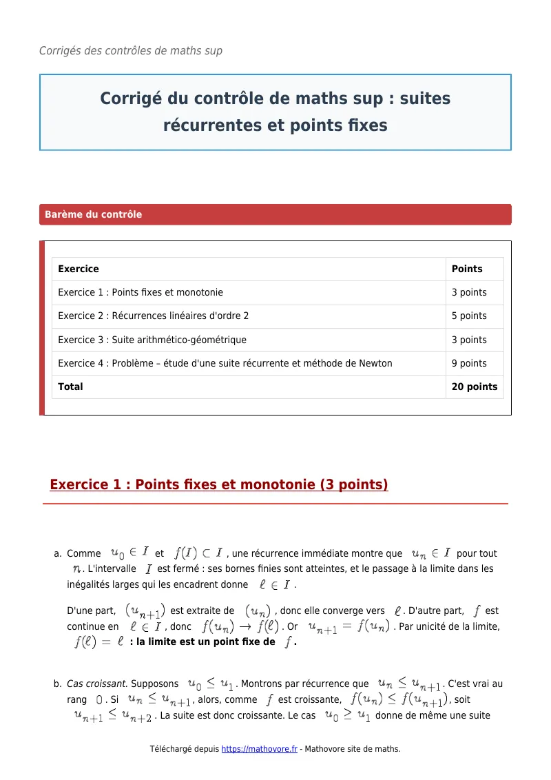 Contrôle de maths en maths sup : Suites récurrentes et points fixes à télécharger corrigé en PDF