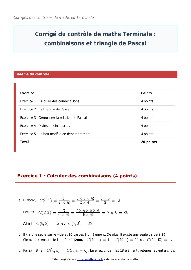 Contrôle de maths en terminale : Combinaisons et triangle de Pascal corrigé en PDF