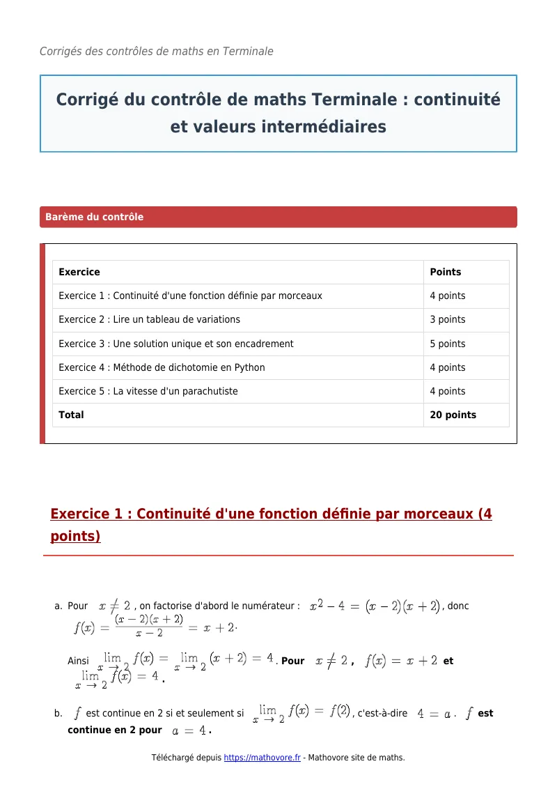Contrôle de maths en terminale : Continuité et valeurs intermédiaires corrigé en PDF