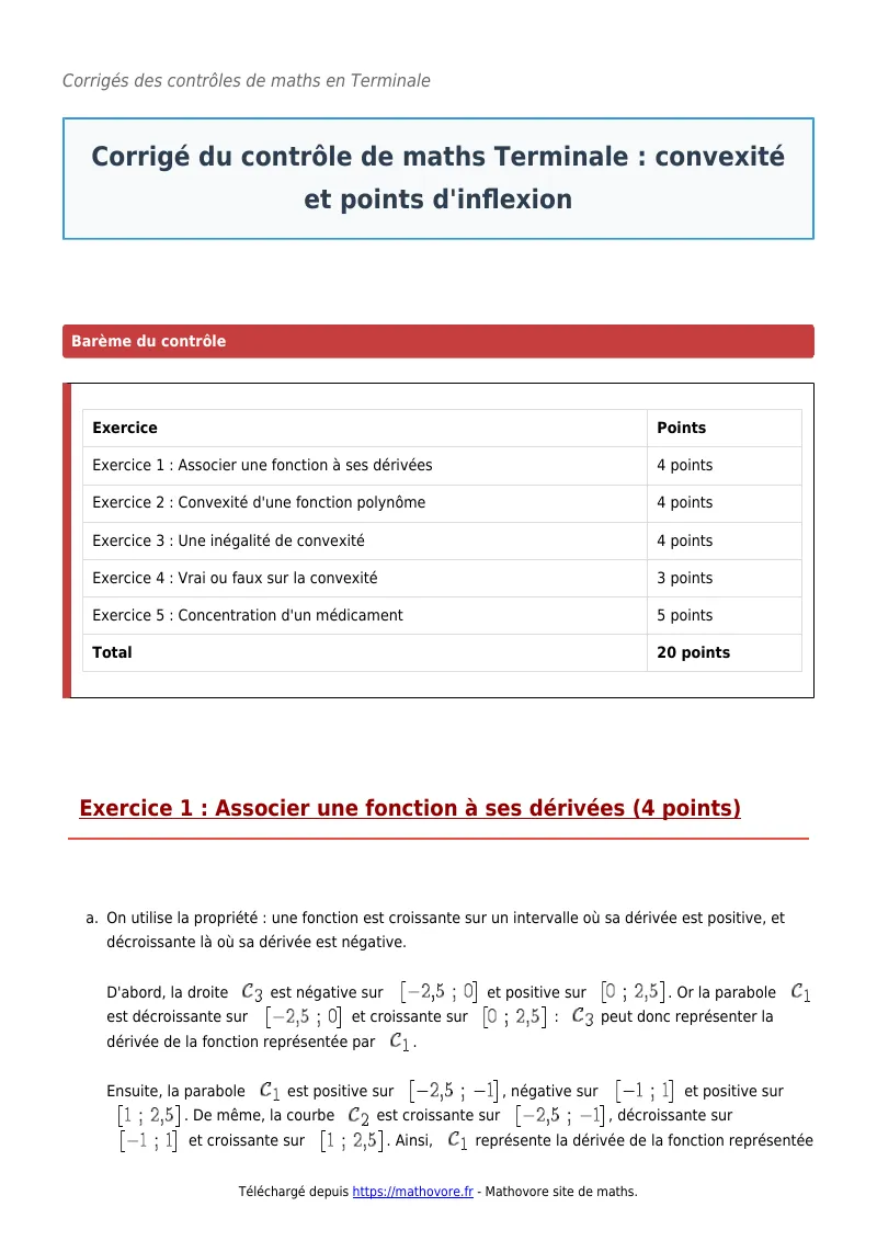 Contrôle de maths en terminale : Convexité et points d’inflexion corrigé en PDF