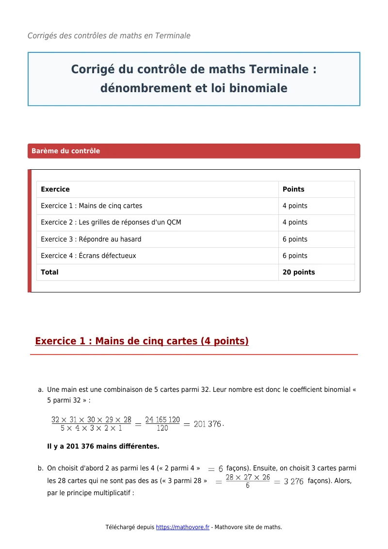 Contrôle de maths en terminale : Dénombrement et loi binomiale corrigé en PDF