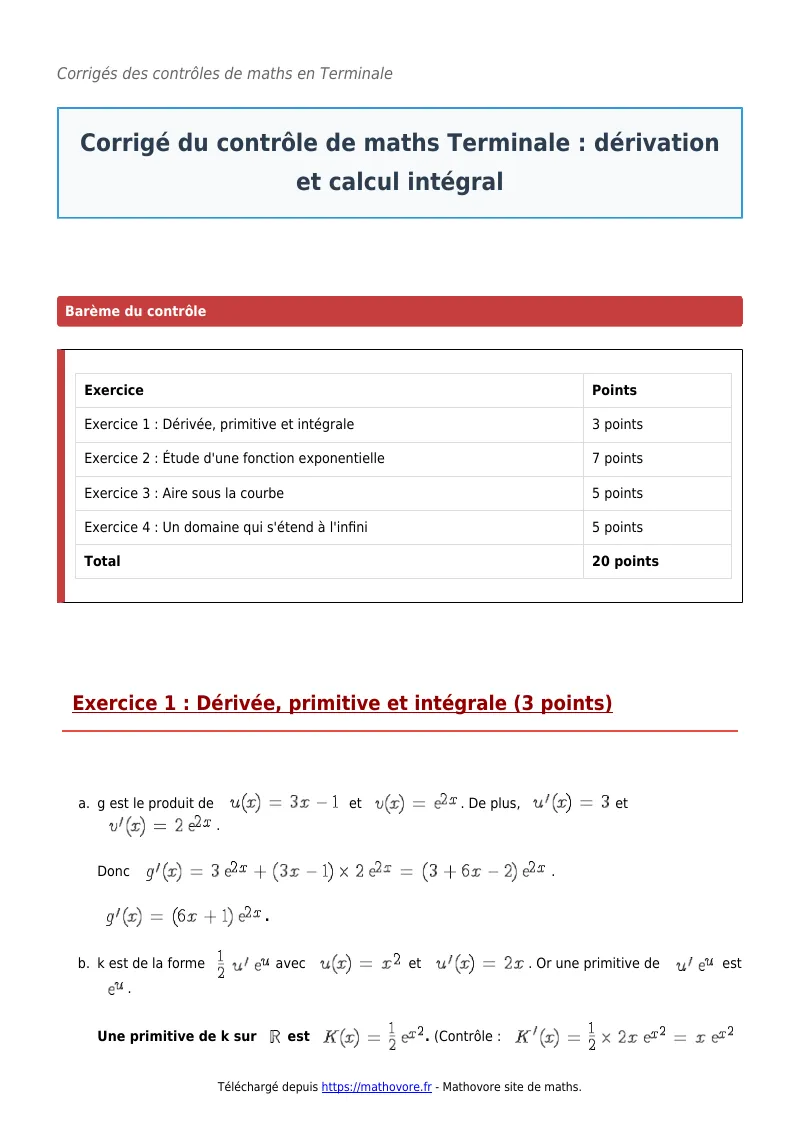 Contrôle de maths en terminale : Dérivation et calcul intégral corrigé en PDF