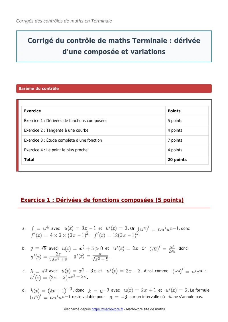 Contrôle de maths en terminale : Dérivée d’une composée et variations corrigé en PDF