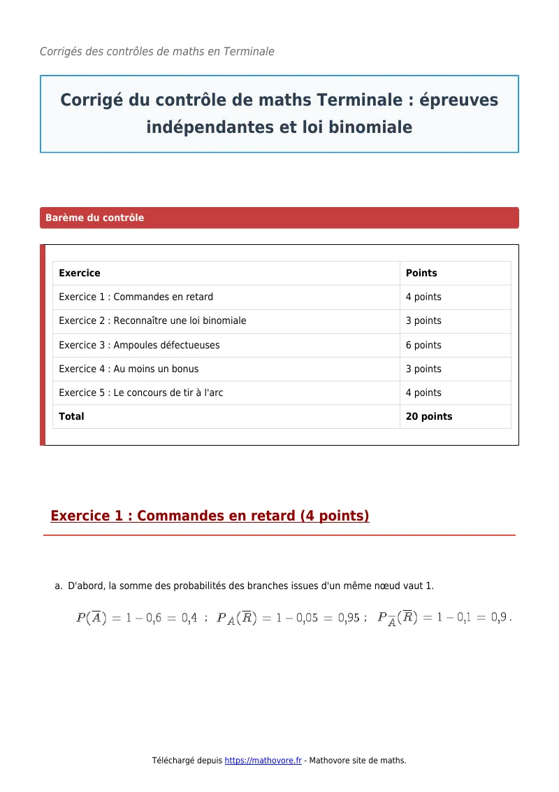 Contrôle de maths en terminale : Épreuves indépendantes et loi binomiale corrigé en PDF