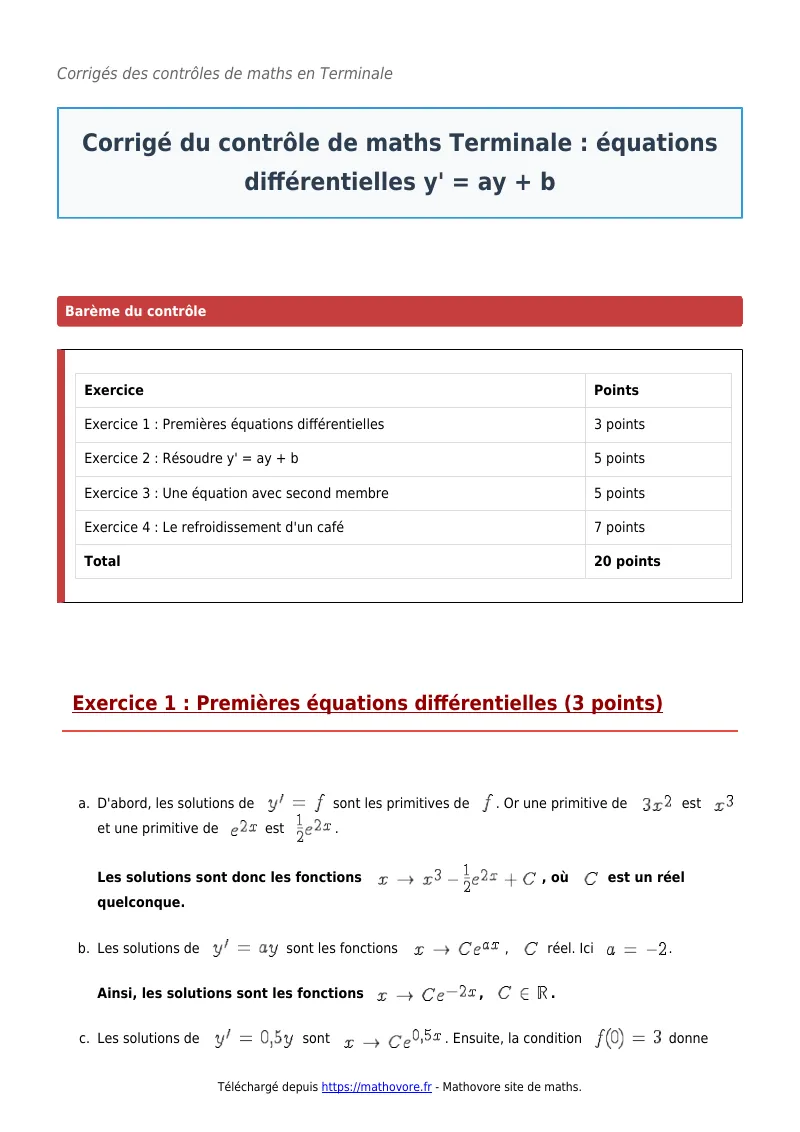 Contrôle de maths en terminale : Équations différentielles y’ = ay + b corrigé en PDF