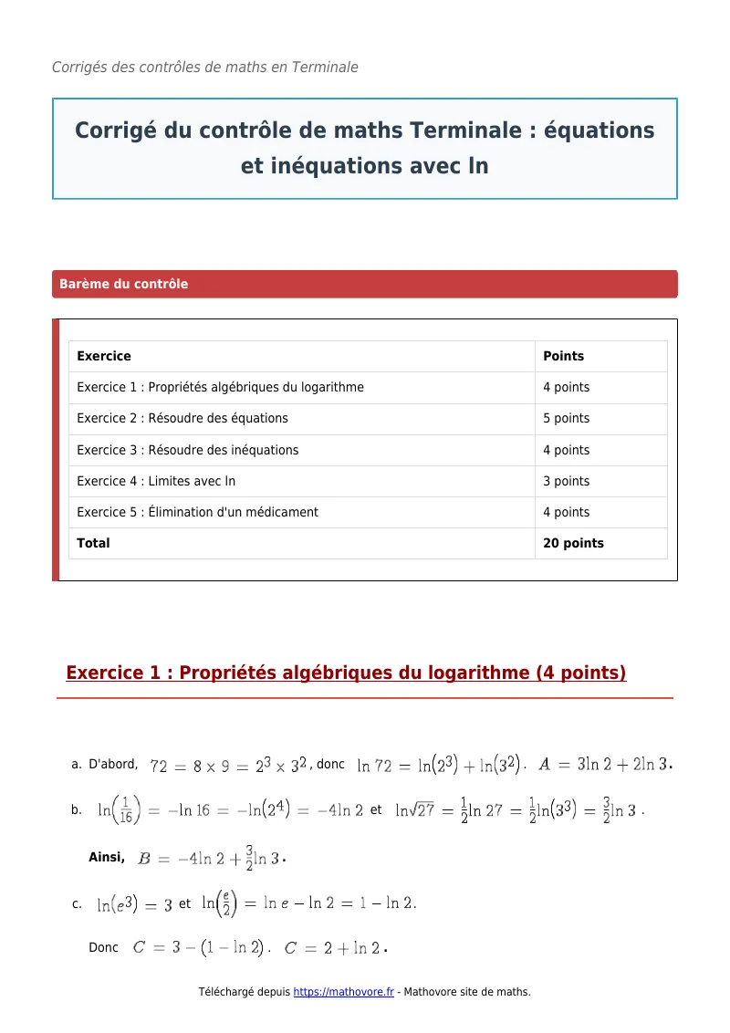 Contrôle de maths en terminale : Équations et inéquations avec ln corrigé en PDF