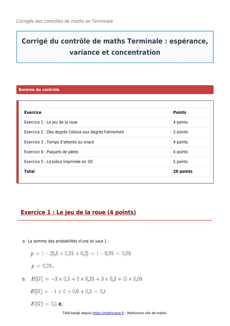 Contrôle de maths en terminale : Espérance, variance et concentration corrigé en PDF