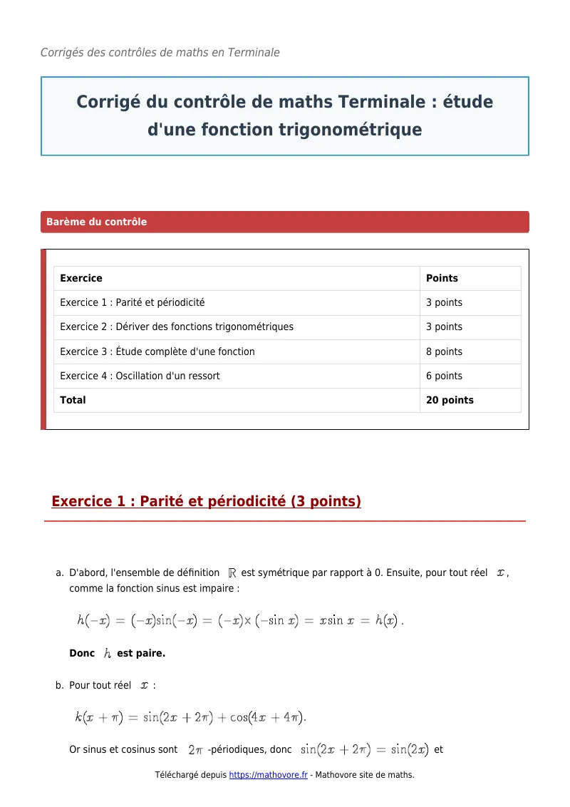 Contrôle de maths en terminale : Étude d’une fonction trigonométrique corrigé en PDF