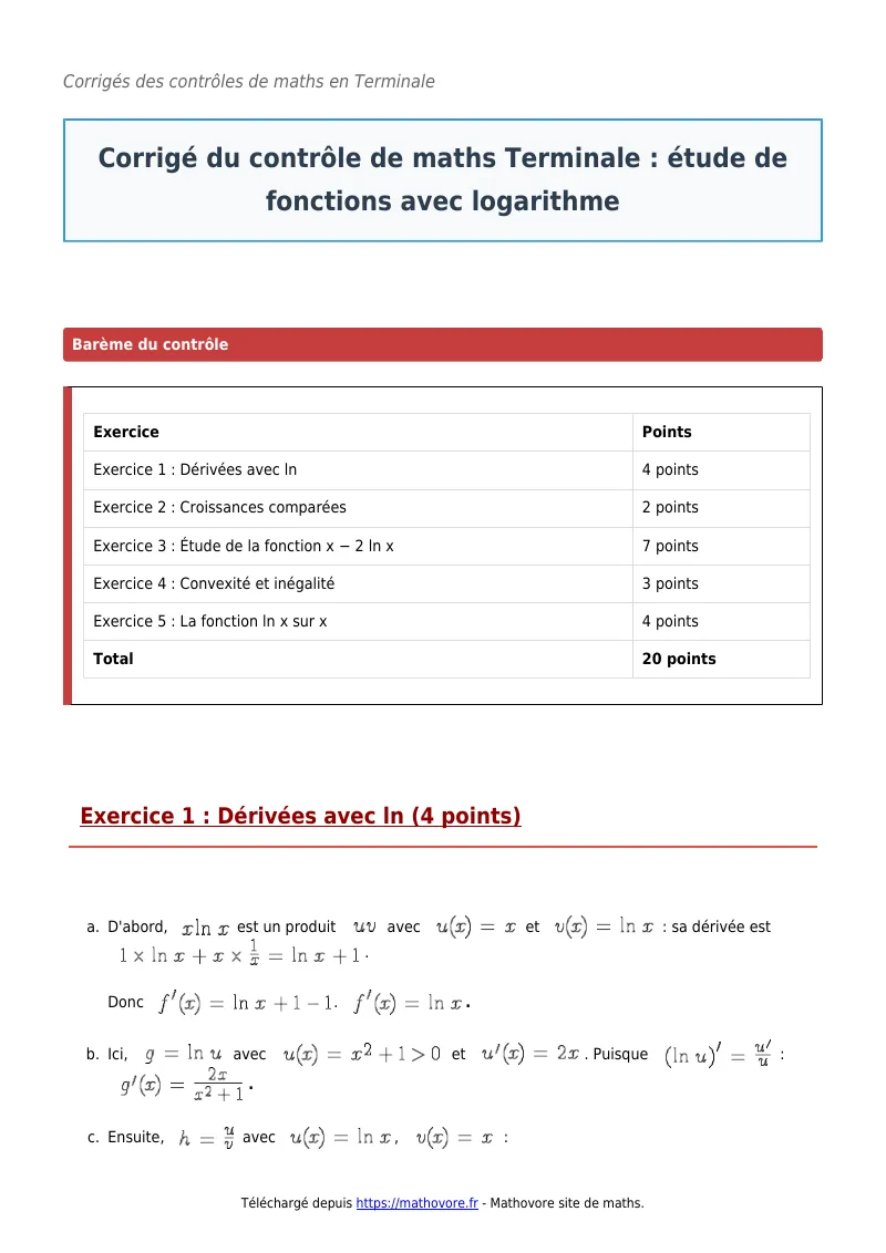 Contrôle de maths en terminale : Étude de fonctions avec logarithme corrigé en PDF
